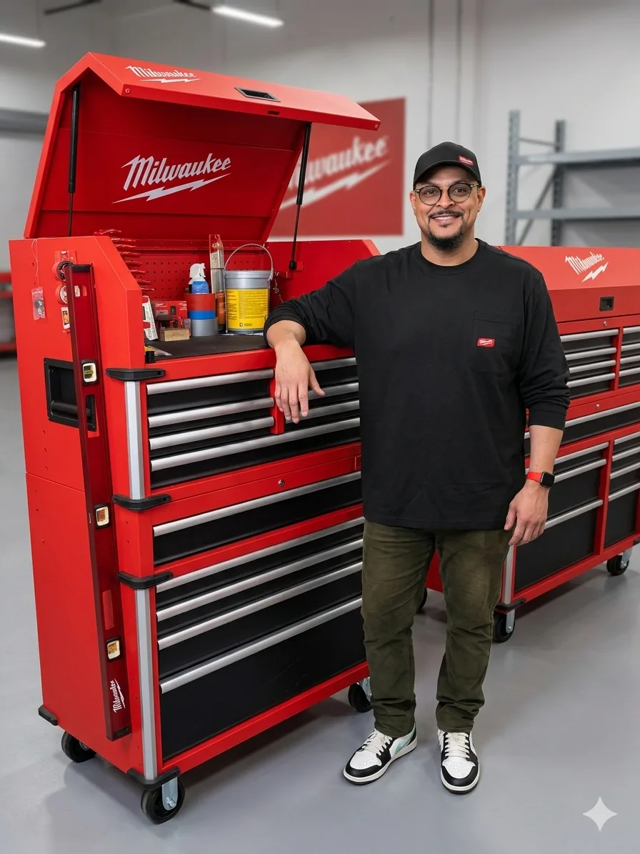 Alex beside his fully stocked Milwaukee tool chests